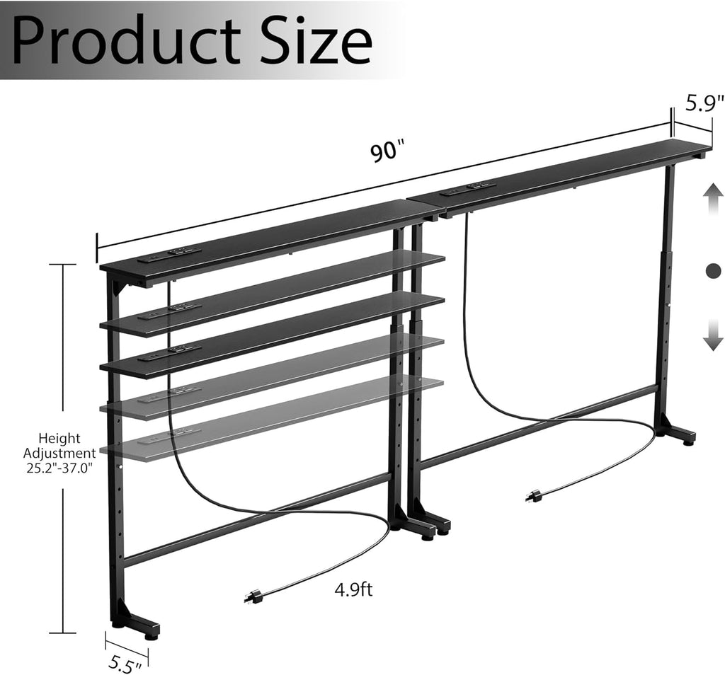 Keelian 90 inch Behind Couch Table with Outlets Adjustable Sofa Table Black