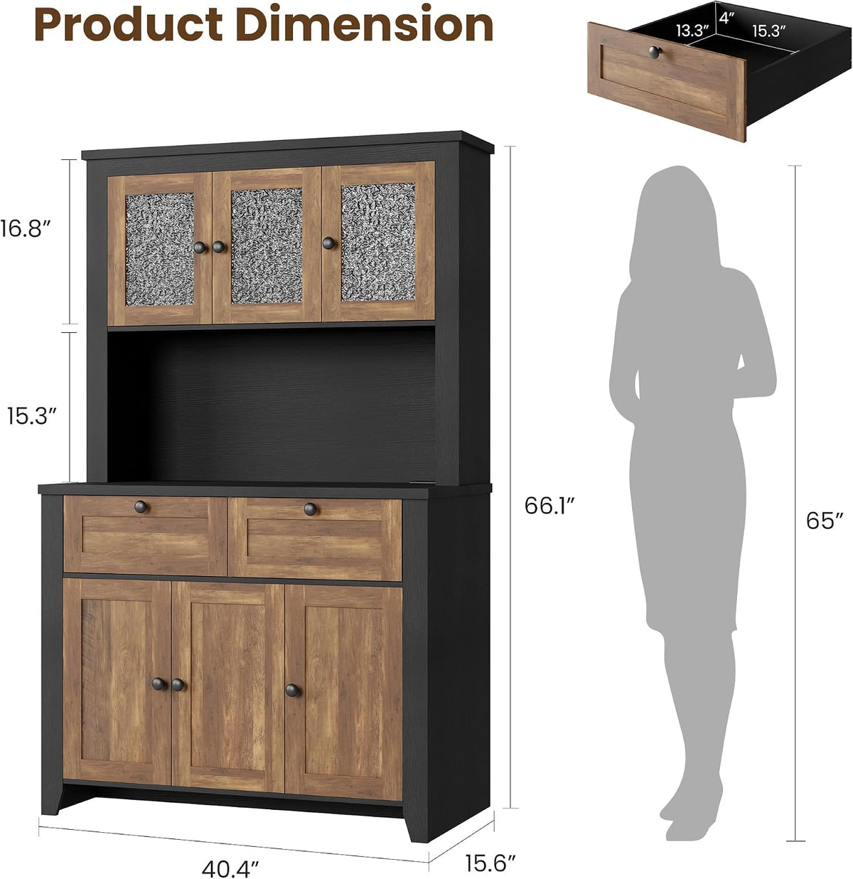 GarveeHome 66" Tall Pantry Cabinet with Power Outlet & LED Light, Kitchen Pantry Storage Cabinets with Countertop, Large Kitchen Hutch with Storage Drawers & Water Ripple Acrylic Panel Cabinet Door