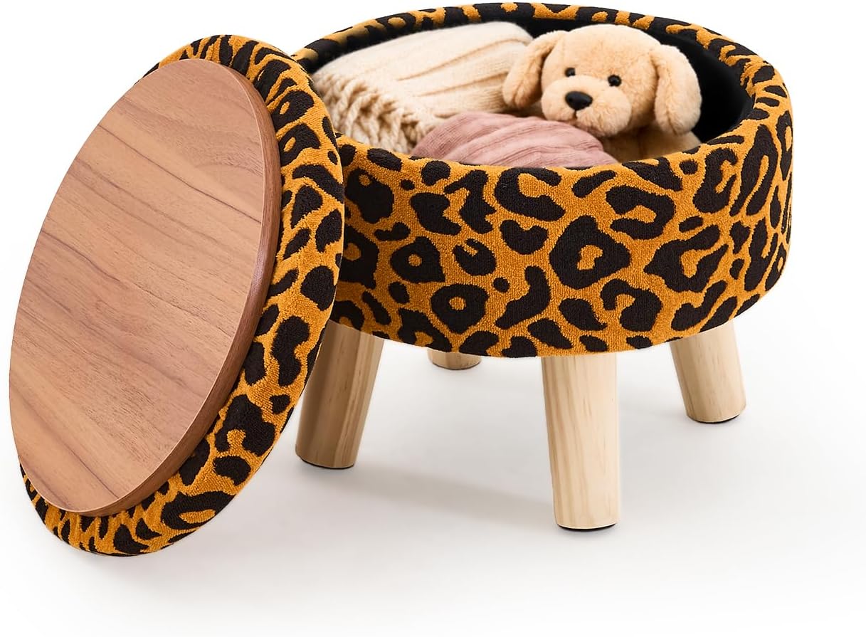 Wimarsbon Storage Ottoman, Modern Round Footrest with Soft Padded Seat, Pattern Velvet Footstool with Wood Legs, Accent Small Table or Plant Stand for Hallway, Living Room (Orange)