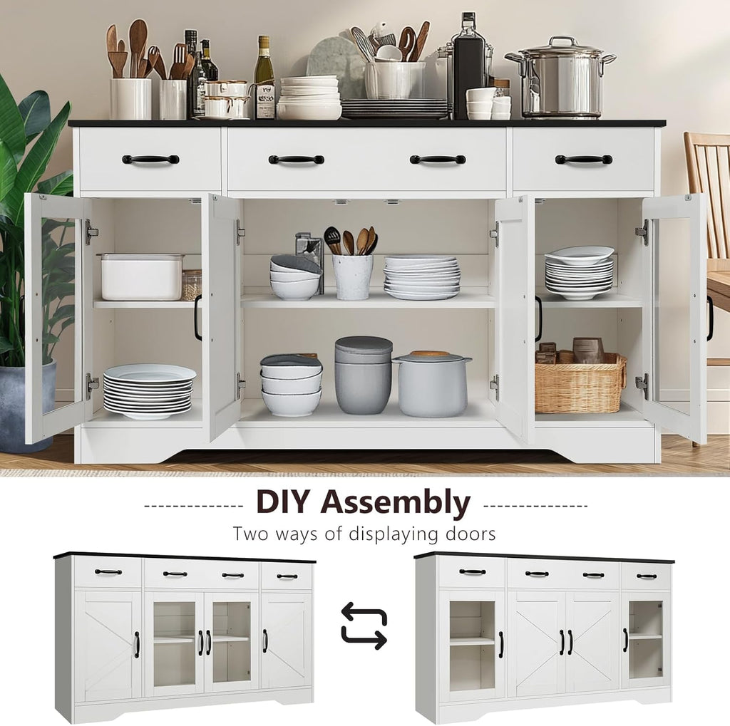 Likein Sideboard Buffet Cabinet with Storage - 55" Kitchen Storage Display Cabinet with 4 Drawers and Glass Doors, 15.8" D Farmhouse Wood Buffet Table Coffee Bar Cabinets for Entryway Living Room