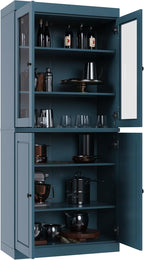 Palace Imports 100% Solid Wood Kitchen Pantry w/ 2 Glass & 2 Wood Doors, Teal Blue, 32" w x 71.5" h, Renewable Eco-Friendly Pine, Made in Brazil