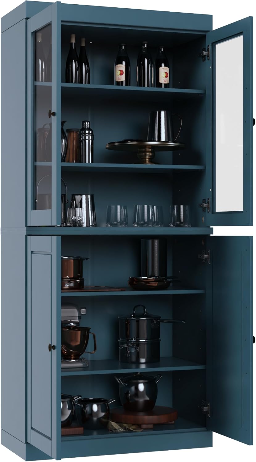 Palace Imports 100% Solid Wood Kitchen Pantry w/ 2 Glass & 2 Wood Doors, Teal Blue, 32" w x 71.5" h, Renewable Eco-Friendly Pine, Made in Brazil