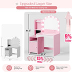 MU Kids Vanity, Girl Vanity Set with Mirror and Chair, 2 in 1 Toddler Makeup Vanity Table with Jewelry Storage, Wooden Princess Makeup Desk Dressing Table for Little Girls, Pink