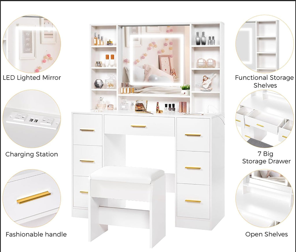ANWBROAD 39.4" White Vanity Desk with Lighted Mirror & Adjustable Lights | Girls Makeup Vanity Set with Charging Station,Cushioned Stool, 7 Drawers,6 Shelves, Dressing Table for Bedroom Dressing Room