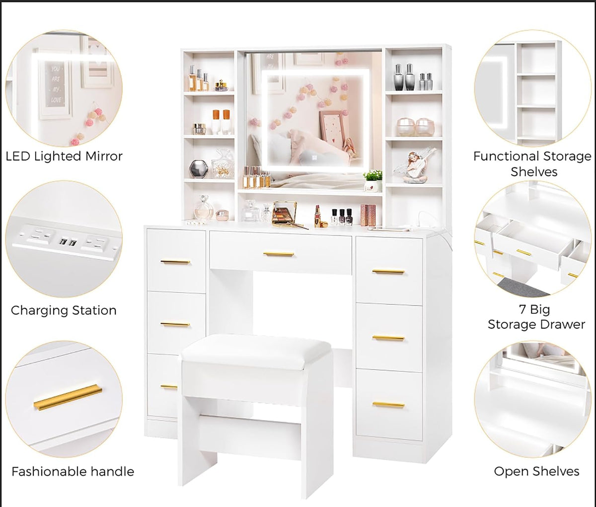 ANWBROAD 39.4" White Vanity Desk with Lighted Mirror & Adjustable Lights | Girls Makeup Vanity Set with Charging Station,Cushioned Stool, 7 Drawers,6 Shelves, Dressing Table for Bedroom Dressing Room