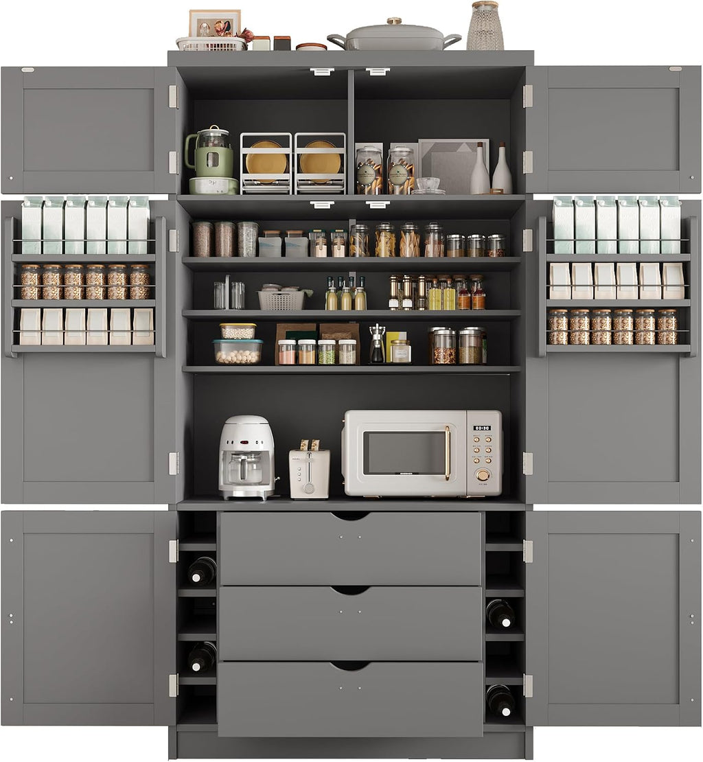 Kitchen Pantry Cabinet, Freestanding Tall Cupboard Storage Cabinet with Power Outlets, Adjustable Shelves and Door Shelves for Living Room, Kitchen (Grey)