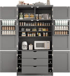 Kitchen Pantry Cabinet, Freestanding Tall Cupboard Storage Cabinet with Power Outlets, Adjustable Shelves and Door Shelves for Living Room, Kitchen (Grey)