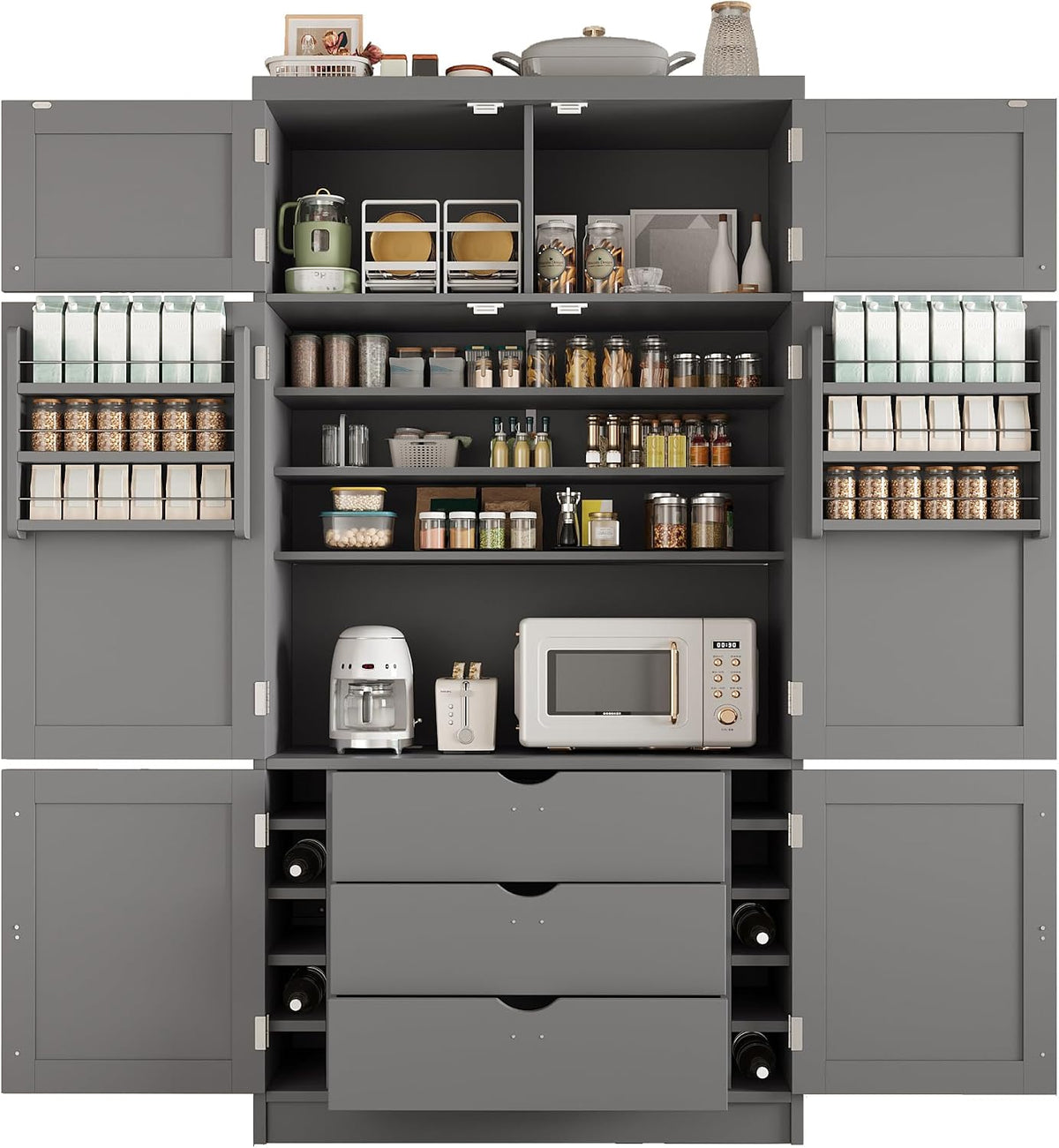 Kitchen Pantry Cabinet, Freestanding Tall Cupboard Storage Cabinet with Power Outlets, Adjustable Shelves and Door Shelves for Living Room, Kitchen (Grey)