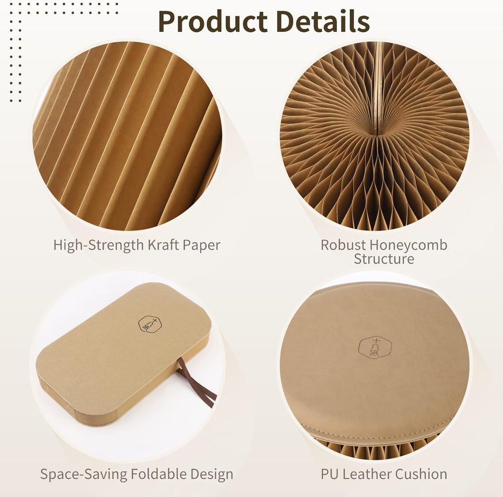 Paper Folding Stool, 12 Inch Kraft Paper Honeycomb Design Stool, 661 Lbs Load Capacity Modern Minimalist Round Seat with PU Cushion for Bedroom, Living Room, Office