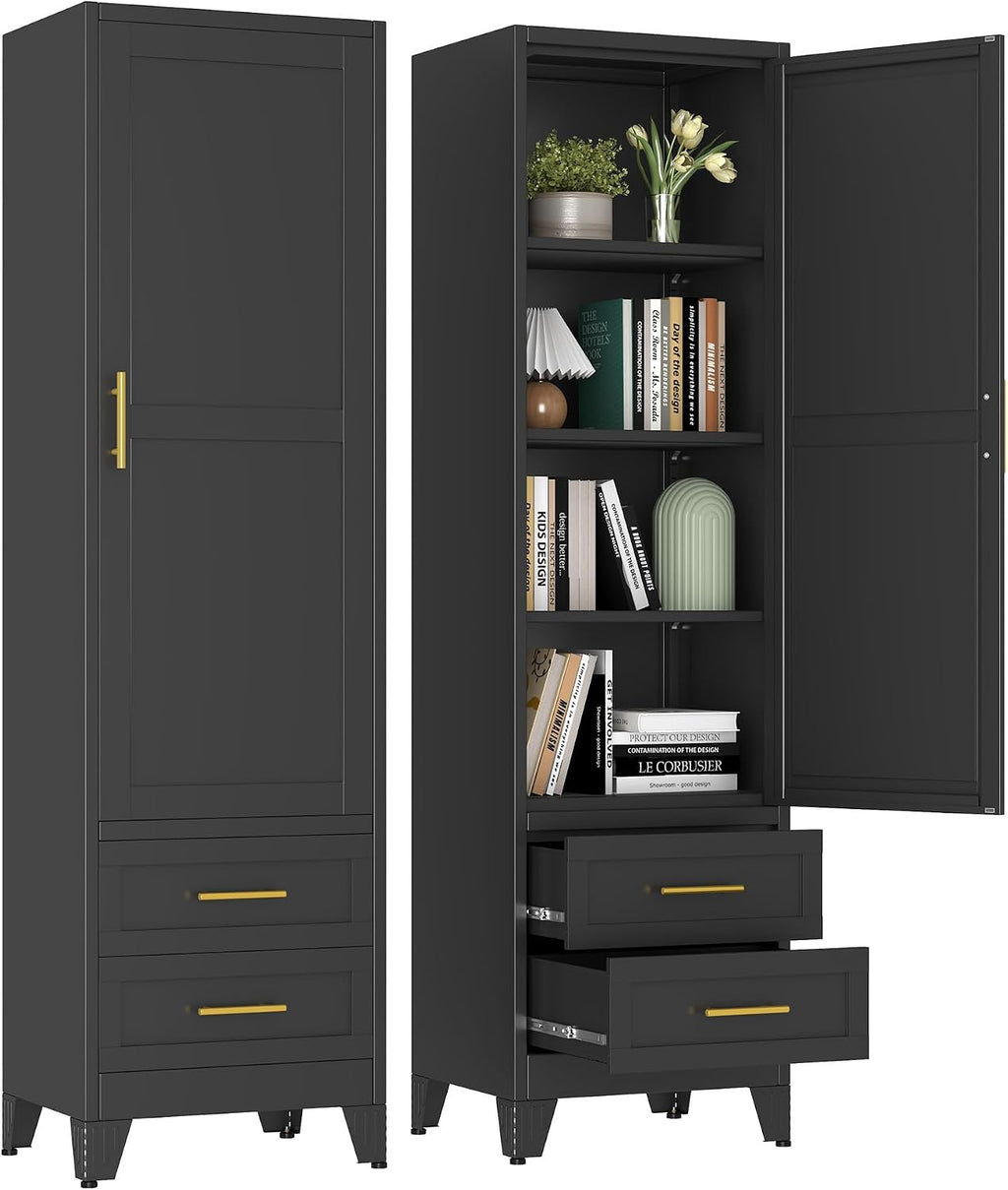 67" Tall Narrow Metal Storage Cabinet, Freestanding Pantry Organizer, Black | Slim Bathroom Cabinets with 2 Drawers & 3 Adjustable Shelves, Multi-Use Cupboard for Kitchen Office Living＆ Dining Room