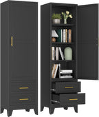 67" Tall Narrow Metal Storage Cabinet, Freestanding Pantry Organizer, Black | Slim Bathroom Cabinets with 2 Drawers & 3 Adjustable Shelves, Multi-Use Cupboard for Kitchen Office Living＆ Dining Room