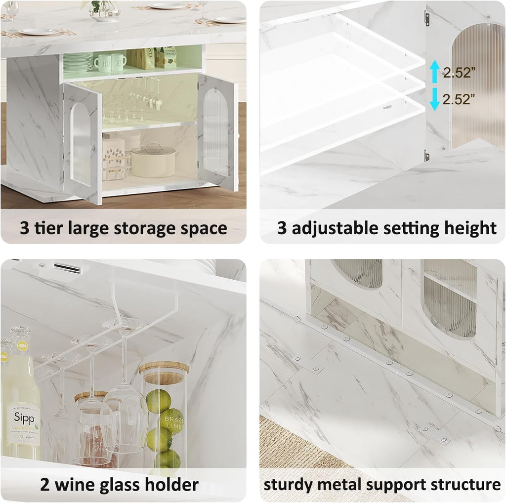 HSH Dining Table for 4–6, 63" Modern Kitchen Dining Room Table with Storage Shelves & Acrylic Door Cabinet,Wood Rectangle Dinner Table with Faux Marble Top for Home Apartment, White Faux Marble