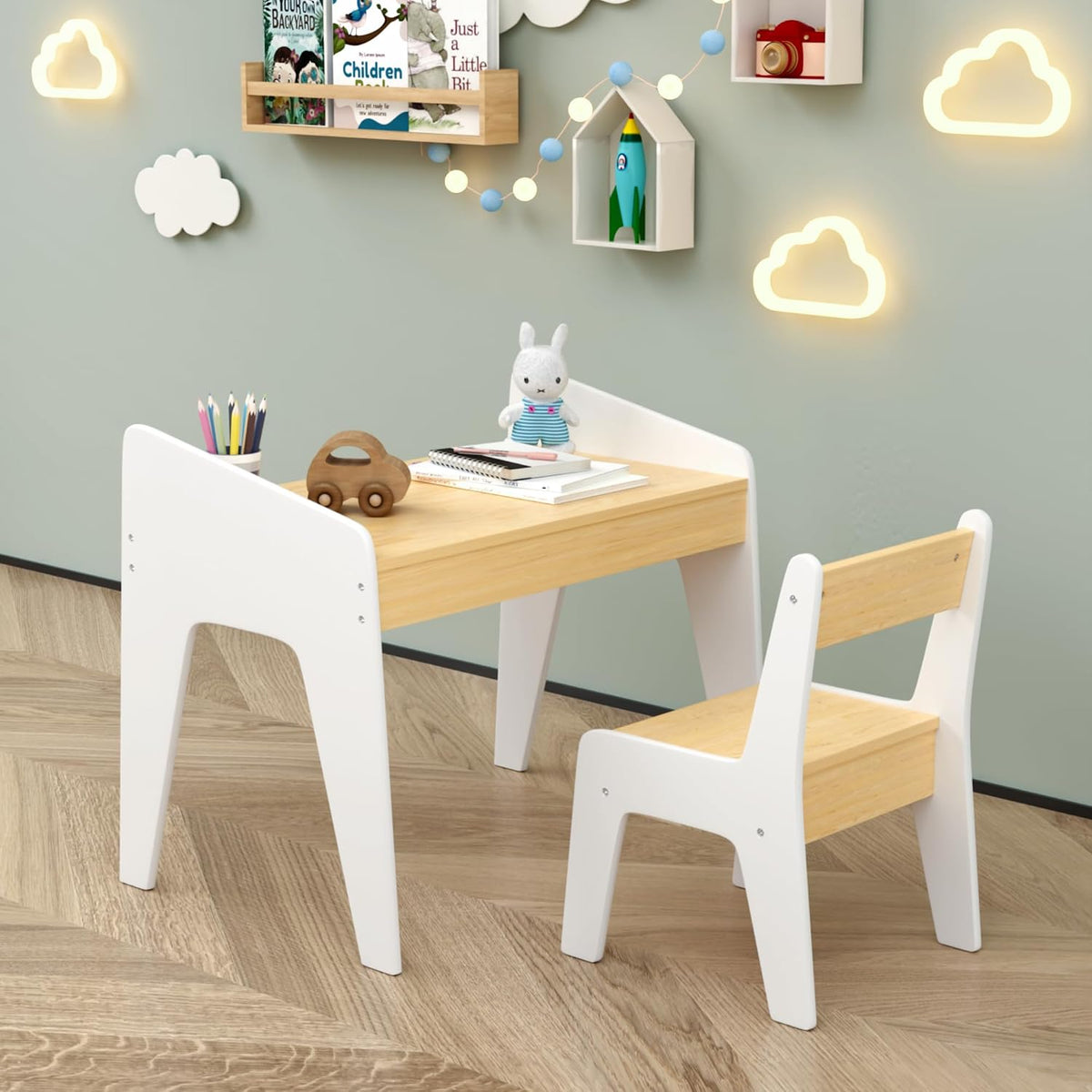 Kids Table and Chair Set, Wooden Children's Study Desk & Play Table for Ages 2-8, White and Natural MDF Furniture