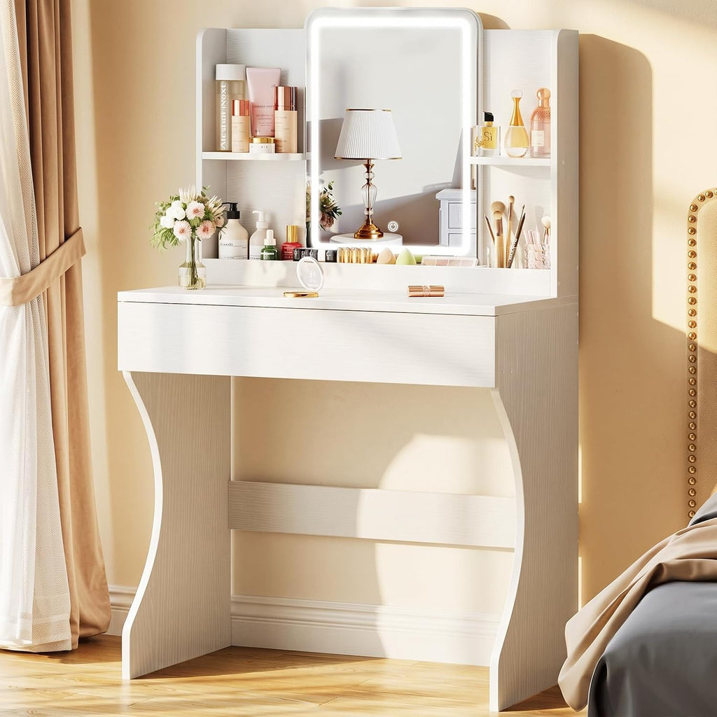Driftalia White Small Vanity Desk with Mirror and 3 Color Adjustable Lights | Dimmable Brightness, Multi-Layer Storage, Quick Assembly, for Bedroom, Dressing Room