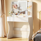 Driftalia White Small Vanity Desk with Mirror and 3 Color Adjustable Lights | Dimmable Brightness, Multi-Layer Storage, Quick Assembly, for Bedroom, Dressing Room