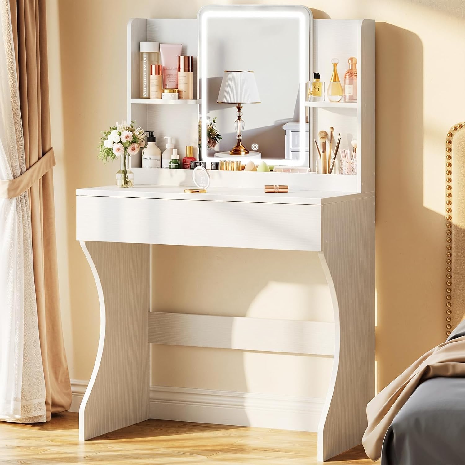 Driftalia White Small Vanity Desk with Mirror and 3 Color Adjustable Lights | Dimmable Brightness, Multi-Layer Storage, Quick Assembly, for Bedroom, Dressing Room
