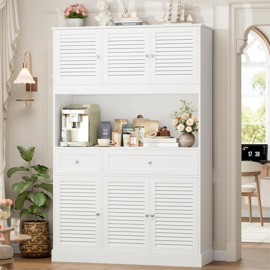 HIFIT 71" Tall Kitchen Pantry Cabinet with Spacious Countertop, 47.2" Wide Kitchen Hutch with Coffee Bar, Farmhouse Shoe Storage Cabinet for Entryway, White