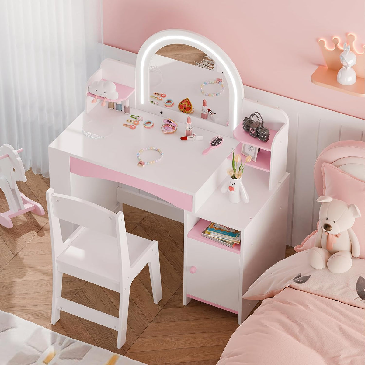 MU Kids Vanity with Lights, Girls Vanity Table and Chair Set with Lighted Mirror, Storage Cabinet, Bookshelf & Shelves, Toddler Makeup Vanity Set for Little Girls, White