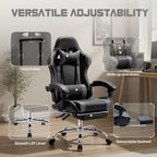 DUMOS Ergonomic Gaming Chair with Footrest, Home Office Desk Chair | PU Leather, Headrest, Linkage Armrests, Height Adjustable, 360 Swivel Reclining, Black Grey
