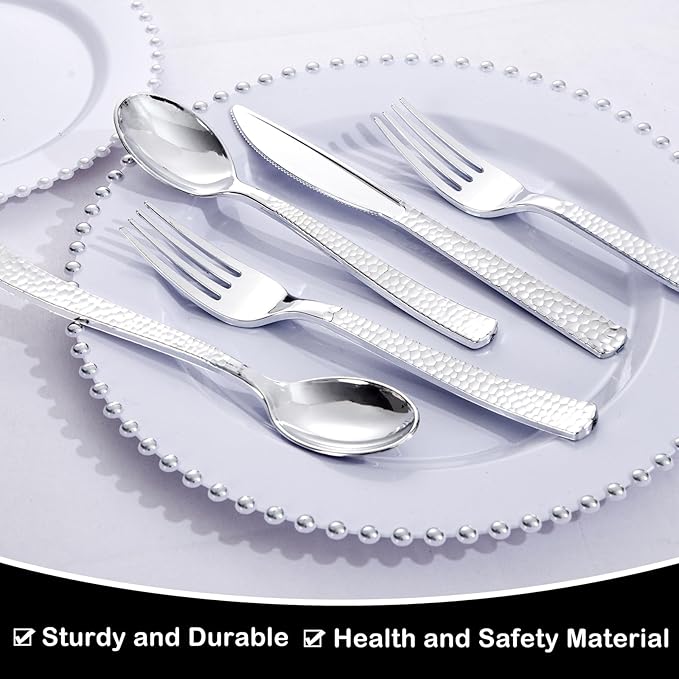 Supernal 180 pieces Silver Plastic Silverware, Disposable Plastic Silverware Heavy Duty, Silver Disposable Cutlery Sets Include 60 Forks, 60 Knives and 60 Spoons Suitable for Birthday, Party, Wedding