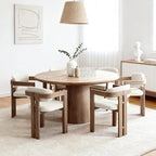 chairus Modern Barrel Dining Chairs Set of 4, Linen Upholstered Dining Room Chairs with Arm & Curved Back, Farmhouse White Washed Natural Wooden Side Kitchen Chairs, Beige Fabric