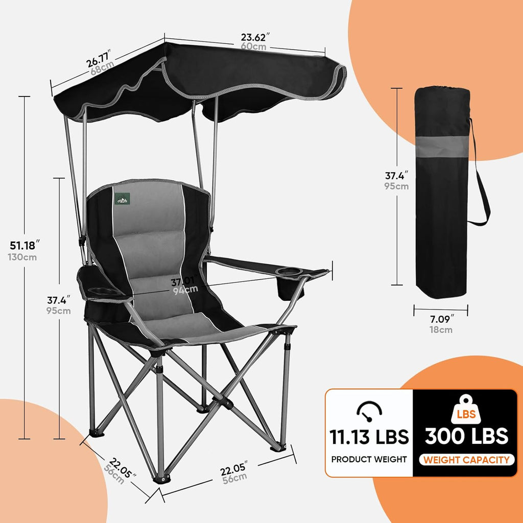 Northroad Folding Camping Chairs with Canopy Shade, Beach Chair w/Cup Holders, Armrests & Carry Bag for Outdoors Travel Sports Fishing, Black