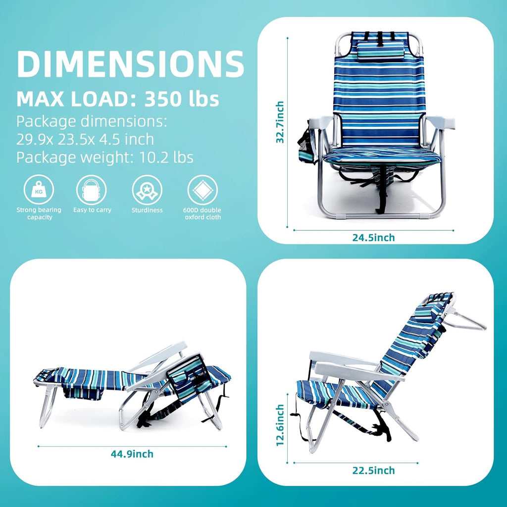 Yestomo Beach Chairs for Adults Heavy Duty, Compact Portable Lay Flat Folding Chair with Backpack Straps and Large Cooler Pouch, Support to 350LBS (2 Pack Stripes_Blue&Cyan)