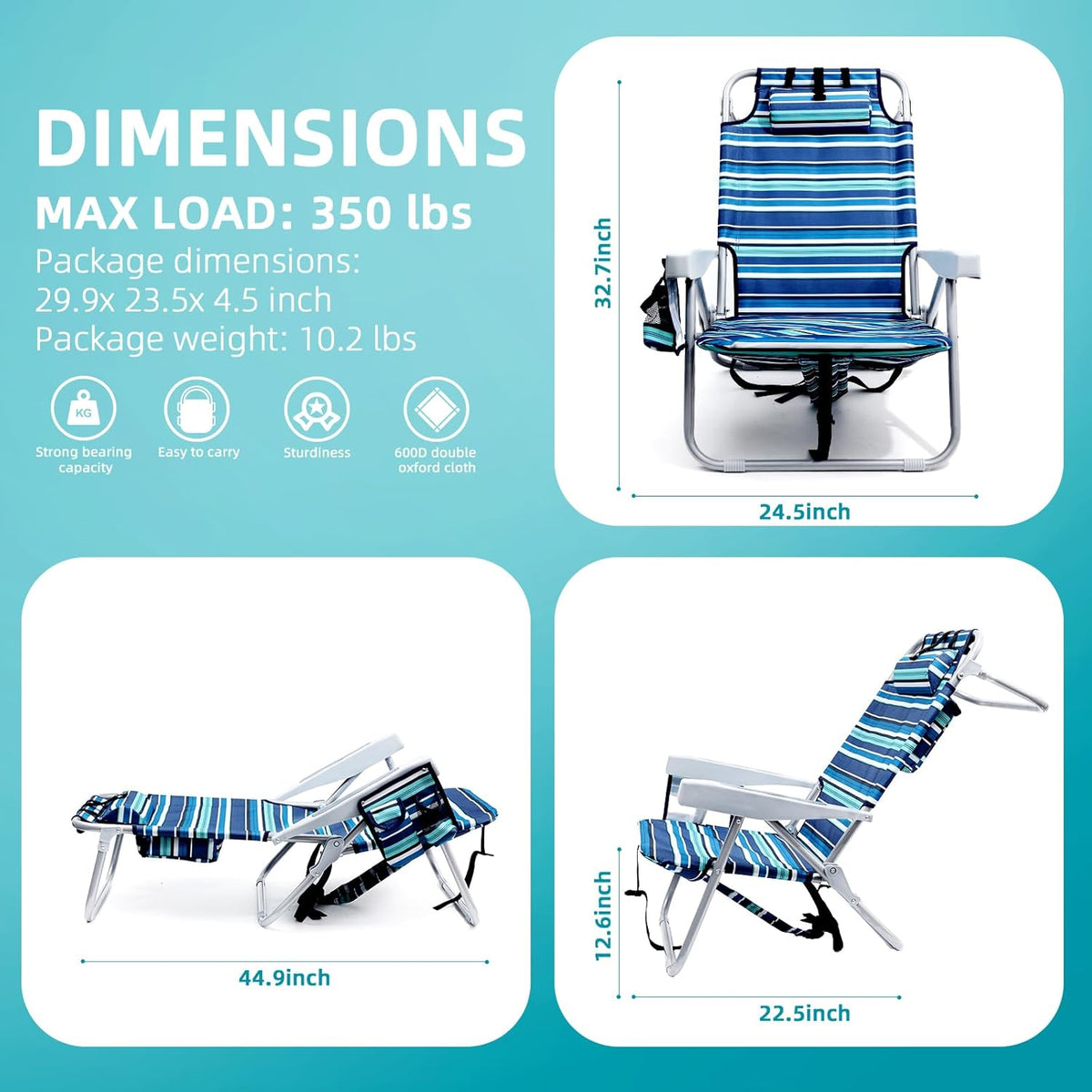 Yestomo Beach Chairs for Adults Heavy Duty, Compact Portable Lay Flat Folding Chair with Backpack Straps and Large Cooler Pouch, Support to 350LBS (2 Pack Stripes_Blue&Cyan)