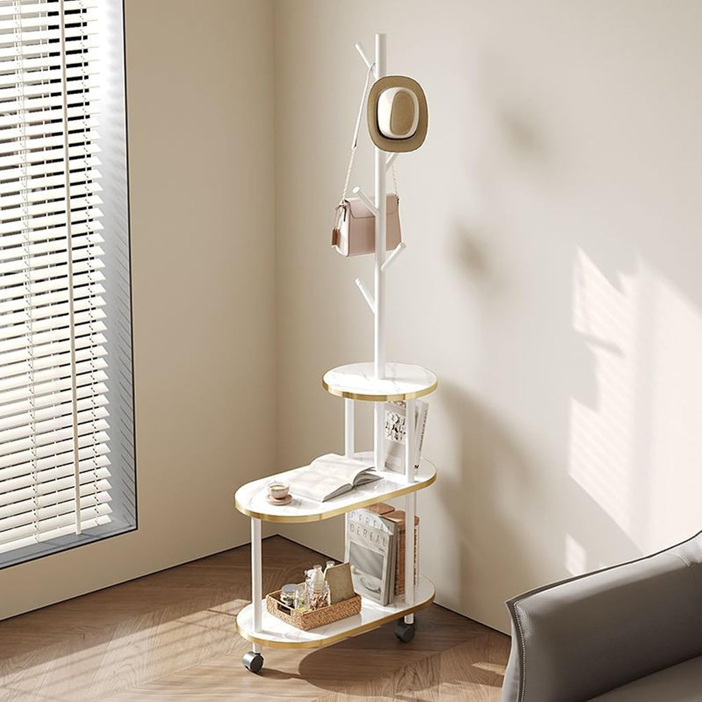 360° Swivel Side Table for Small Spaces End Table with 3-Tier Storage 66" Tall Couch Tables with Coat Rack for Bedroom Living Room Bedside Entrance (White)
