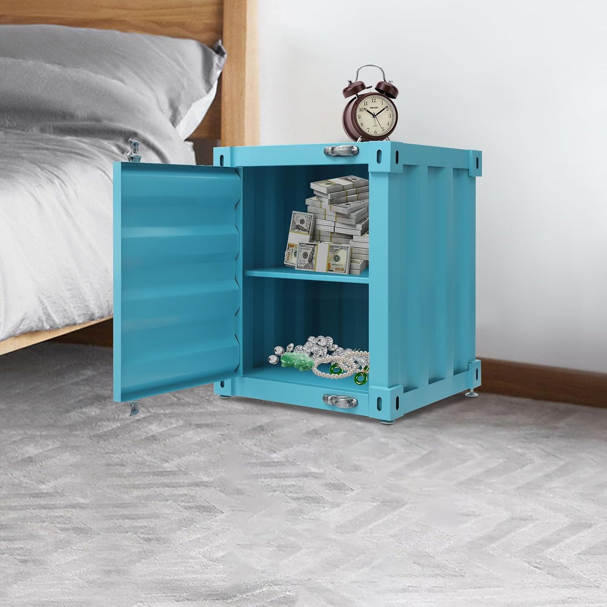 Side Table, Industrial Wind Container Cabinet Iron Bedside Table Vintage Container Design Cabinet with Combination Lock for Bedroom, Living Room, Garage, Bar (Blue)