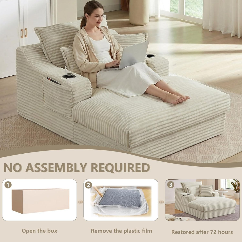 67.7" Chaise Lounge Chair Indoor with Cup Holders & Side Pocket, Oversized Floor Lounger Chairs Indoor with 3 Soft Pillows, Deep Seat Reading Lounge Couch for Living Room, Apartment, Camel