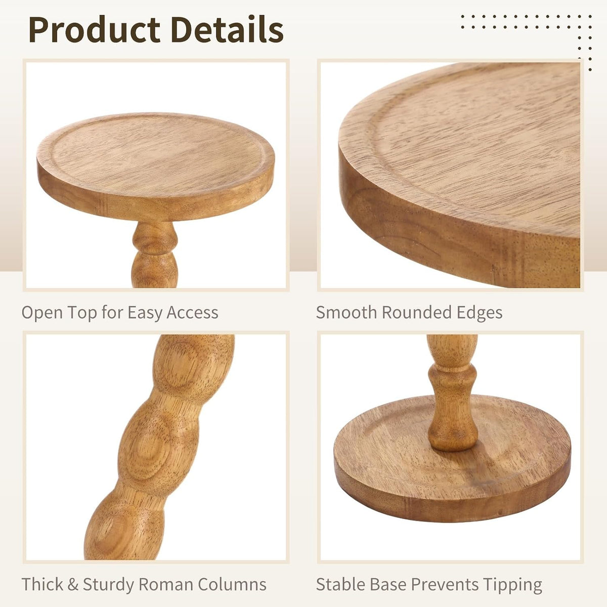 Small Round Side Table Brown, 9.4 in Drink Table with Rubberwood Material, Stable, Easy to Assemble, Space-Saving End Table for Living Room, Bedroom, Kitchen