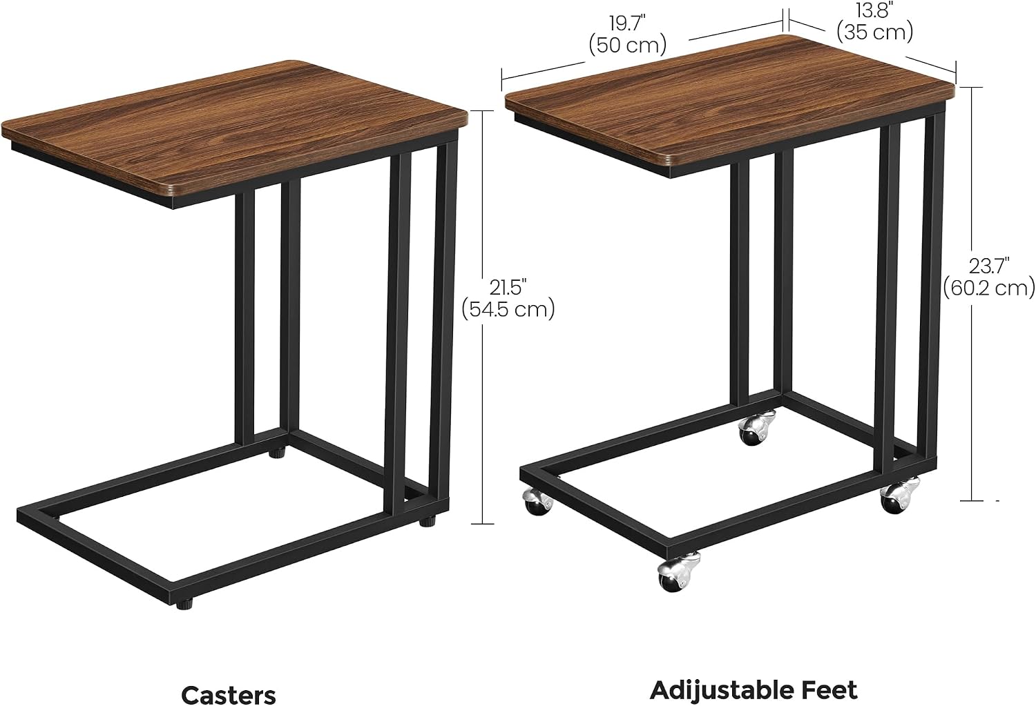 VASAGLE C Shape End Table for Couch or Sofa, Industrial Small Side Table | TV Tray With Wheel, Coffee Table in Living Room, Bedroom, 19.7 x 13.8 x 23.6 Inches, Dark Walnut and Black ULNT50Z