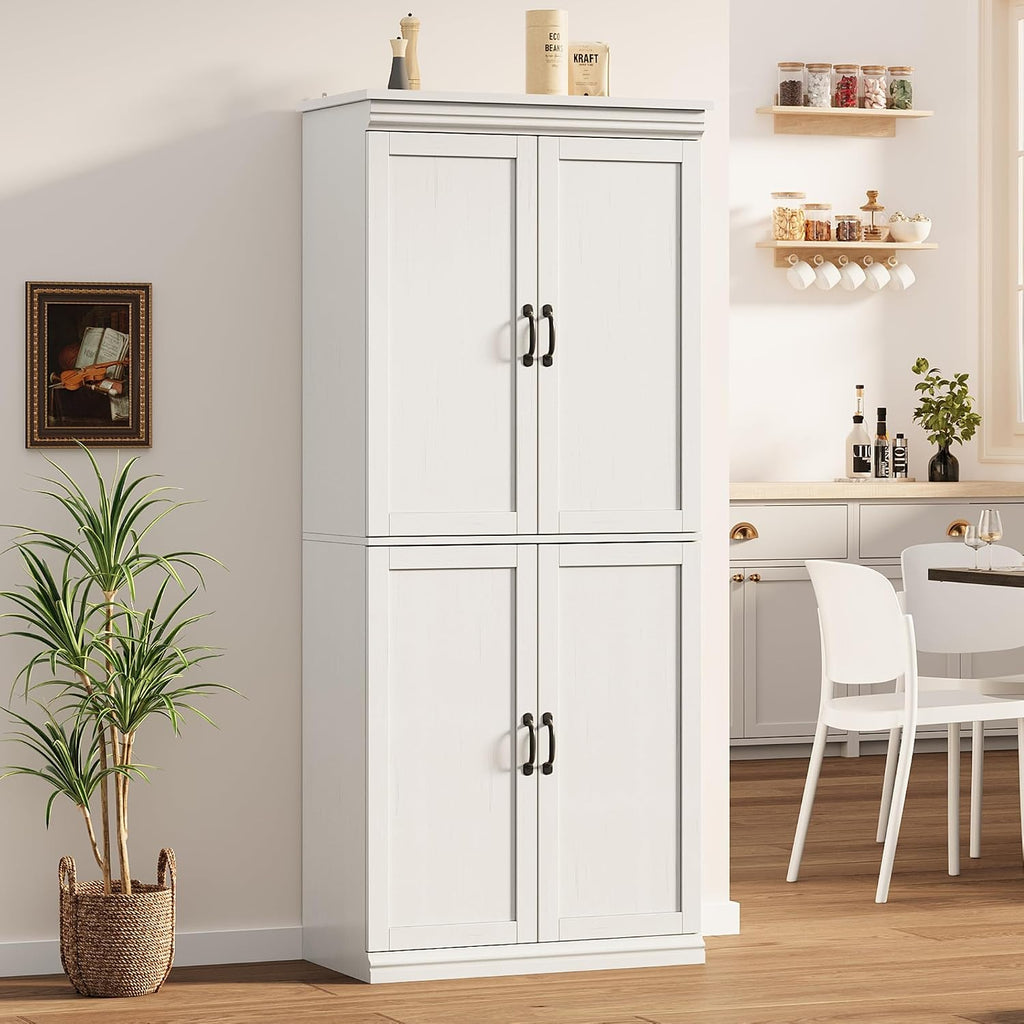 IDEALHOUSE Pantry Cabinet, White 4-Door with Adjustable Shelves, 70" H | Freestanding Cupboard with 5 Interior Compartments, Dining Room, Kitchen, Bathroom, Living Room
