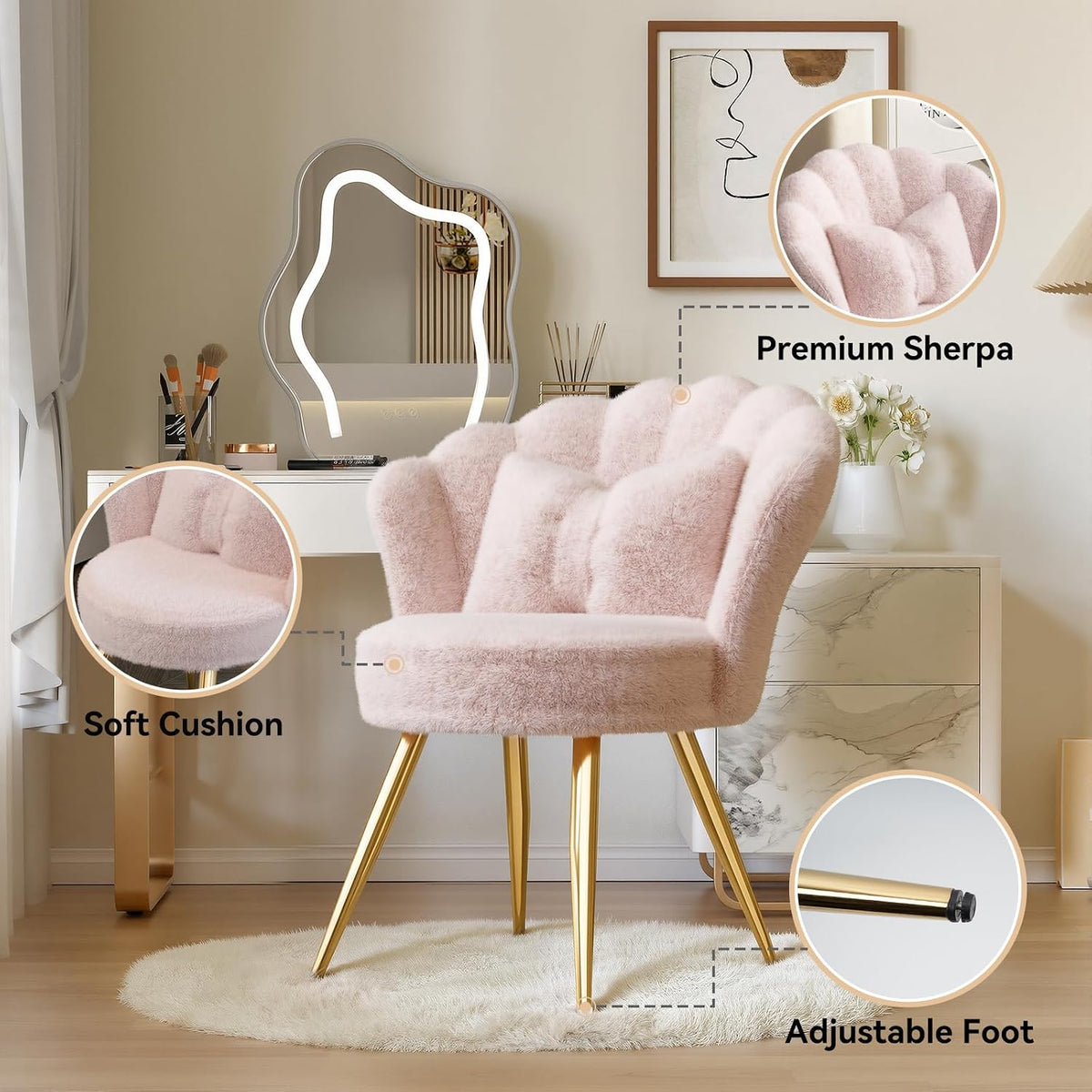 Plush Sherpa Accent Chair with Gold Metal Legs, Fluffy Vanity Chair for Makeup Room, Upholstered Guest Chair for Living Room, for Bedroom, Pink