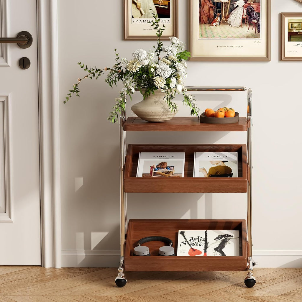 CycleCrew Solid Wood Rolling End Table Cart with Adjustable Storage - 3-Tier Stainless Steel Fame Side Table on Wheels Narrow Bedside Storage Table Small Bar Serving Cart for Living Room