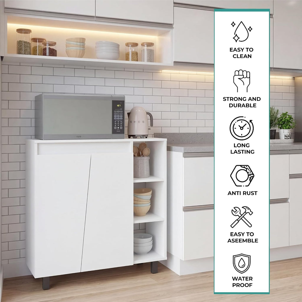 Tuhome Cesna Microwave Sideboard Kitchen Pantry Cabinet, 36.3" Freestanding Pantry Storage with 2 Doors, 5 Shelves & Appliance Surface, White Engineered Wood