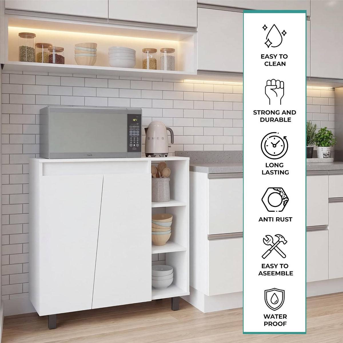 Tuhome Cesna Microwave Sideboard Kitchen Pantry Cabinet, 36.3" Freestanding Pantry Storage with 2 Doors, 5 Shelves & Appliance Surface, White Engineered Wood