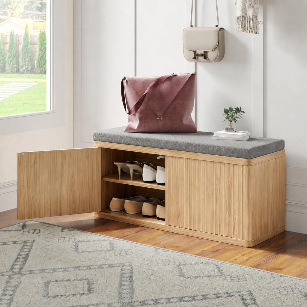 Entryway Shoe Storage Bench with 2" Cushion, 37.4" Small Bench with Shoe Rack, Cabinet Organizer for Hallway，Bedroom End of Bed (Light Oak)