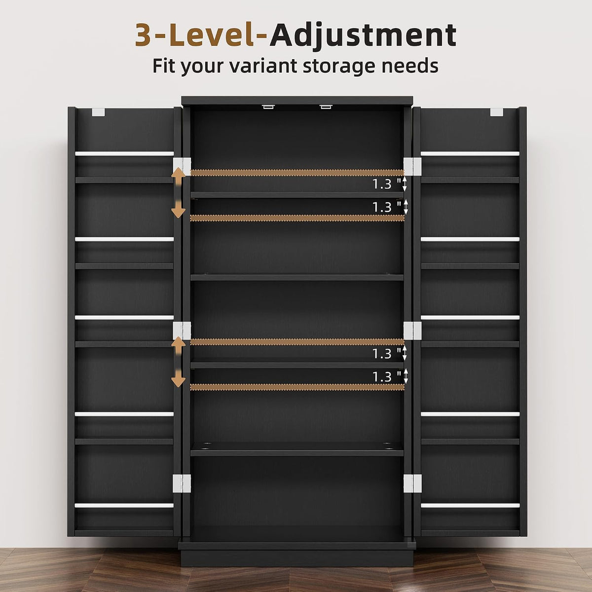 Shintenchi 47'' Kitchen Pantry Cabinet, 5-Layer Storage Cupboard, Black | Adjustable Shelves, for Organizing and Storing Food Items, Versatile Buffet Sideboard, for Kitchen, Bathroom and Laundry