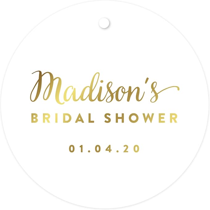 Andaz Press Personalized Round Circle Wedding Gift Tags, Metallic Gold Ink, Bridal Shower, 24-Pack, Custom Made Any Name