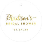 Andaz Press Personalized Round Circle Wedding Gift Tags, Metallic Gold Ink, Bridal Shower, 24-Pack, Custom Made Any Name
