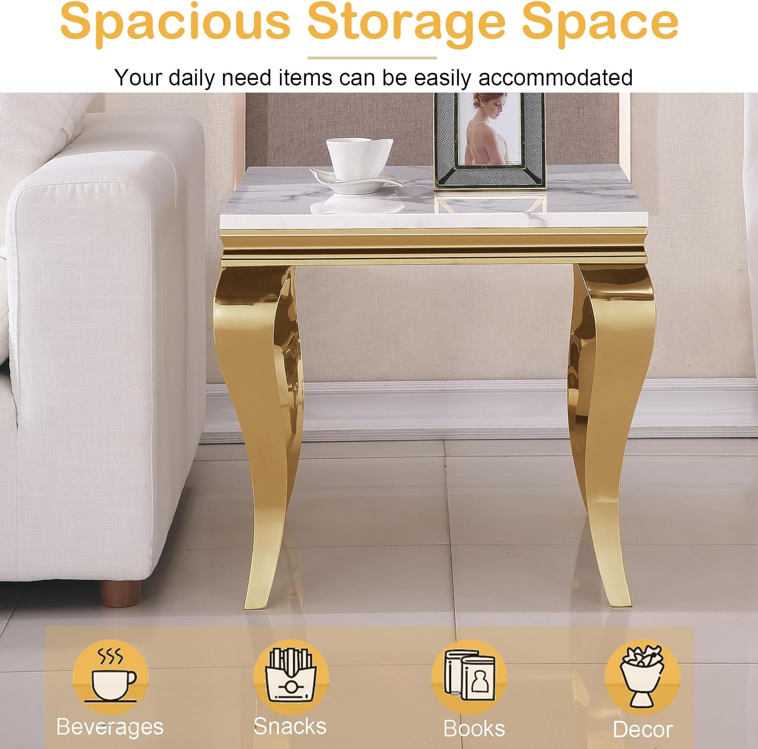Marble End Table, Modern White Faux Marble Sofa Side Table with Gold Stainless Steel Legs, Luxury Sqaure Accent Side Table Bedside Table Nightstand for Living Room Bedroom Office