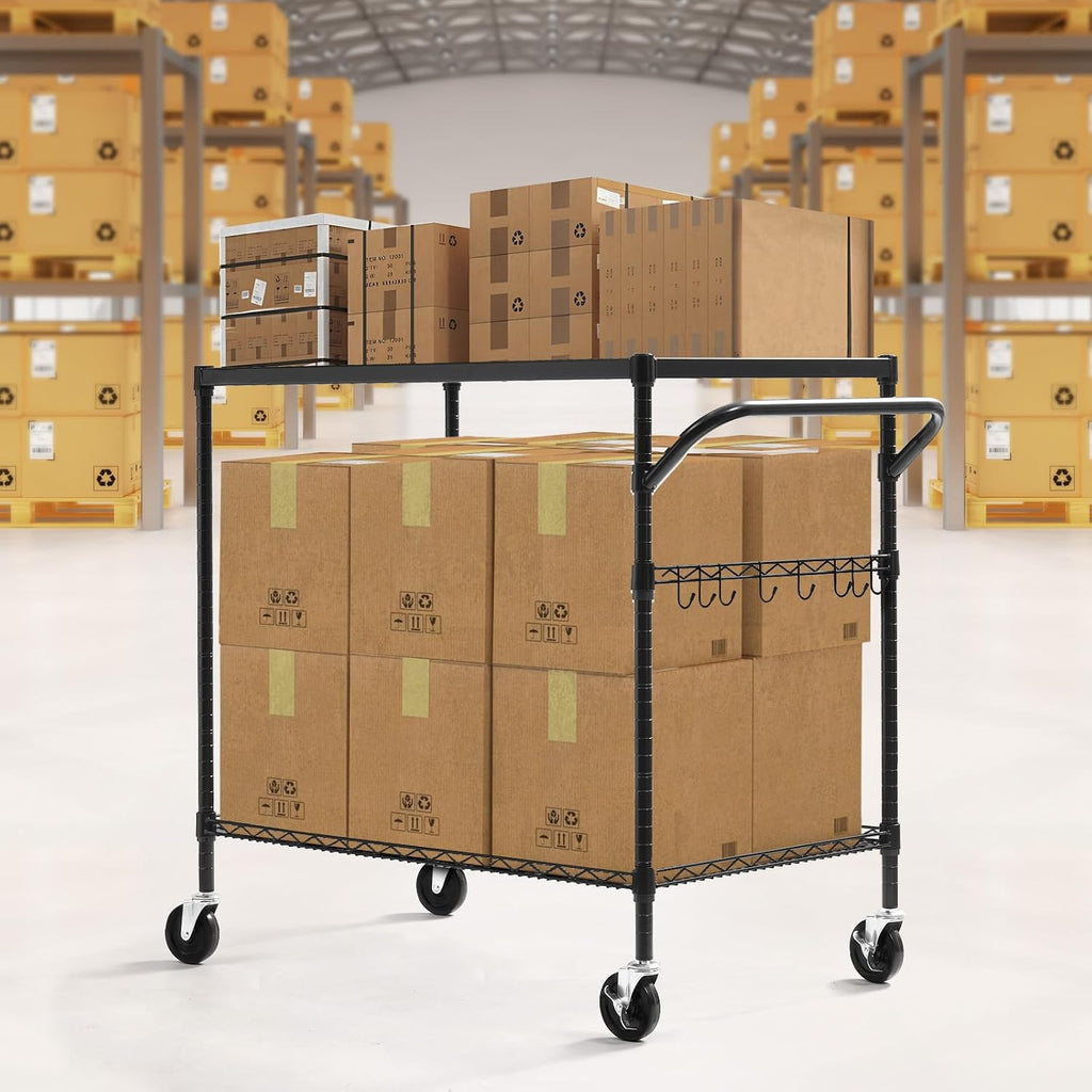WDT 2-Tier Utility Cart with Wheels, Metal Cart with 1000LBS Capacity, NSF Heavy Duty Rolling Cart, Commercial Grade Serving Tool Storage Carts for Warehouse Garage Kitchen, 24"D x 40"W x 39"H, Black