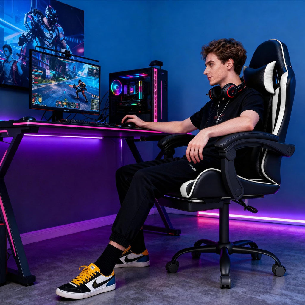 OS MOTOR Gaming Chair with Headrest and Lumbar Support, White | Ergonomic High Back Office Chair, Racing Style Executive Computer Desk Chair, Leather Adjustable Swivel Task Chair, Home