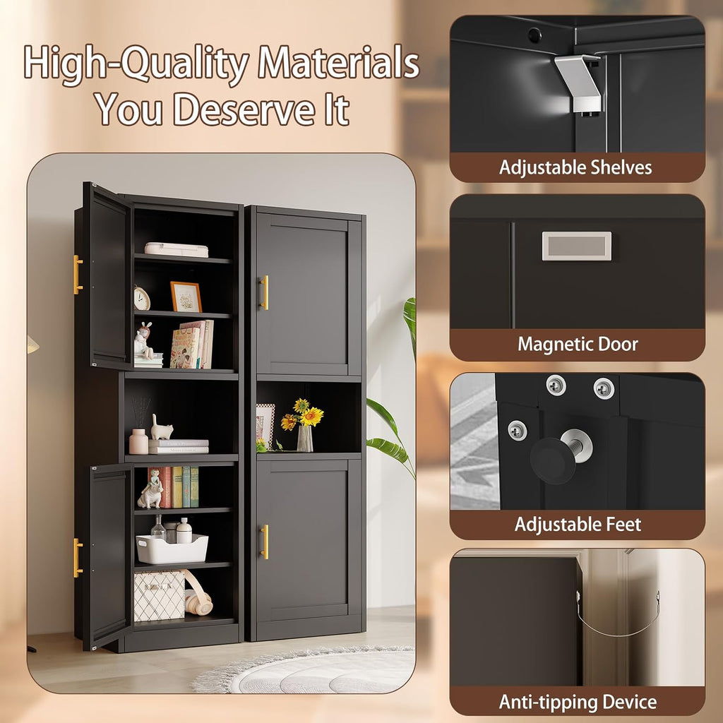 Kitchen Pantry Storage Cabinet,66.9" Tall Metal Storage Cabinet with 2 Door and 4 Adjustable Shelves.Freestanding Cupboard for Dining Room Living Room and Office.(Black)