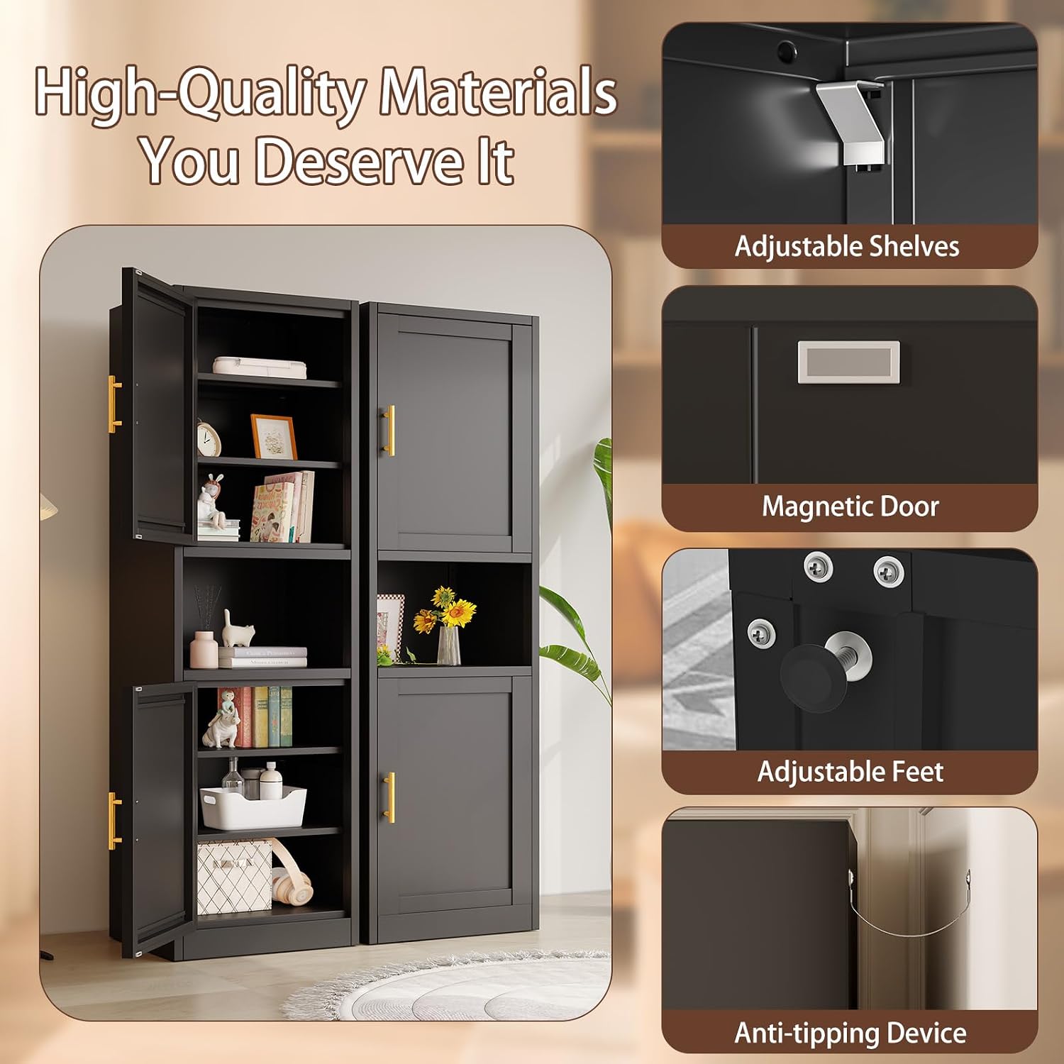 Kitchen Pantry Storage Cabinet,66.9" Tall Metal Storage Cabinet with 2 Door and 4 Adjustable Shelves.Freestanding Cupboard for Dining Room Living Room and Office.(Black)