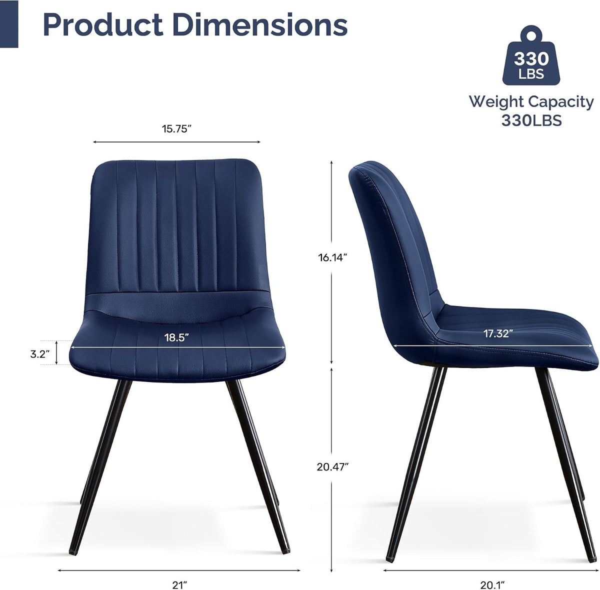 Dining Chairs Set of 2, Modern Dining Chairs with Thick Cushions, Faux Leather Upholstered Kitchen Dining Room Chairs with Metal Legs for Dining Living Room (Navy Blue)