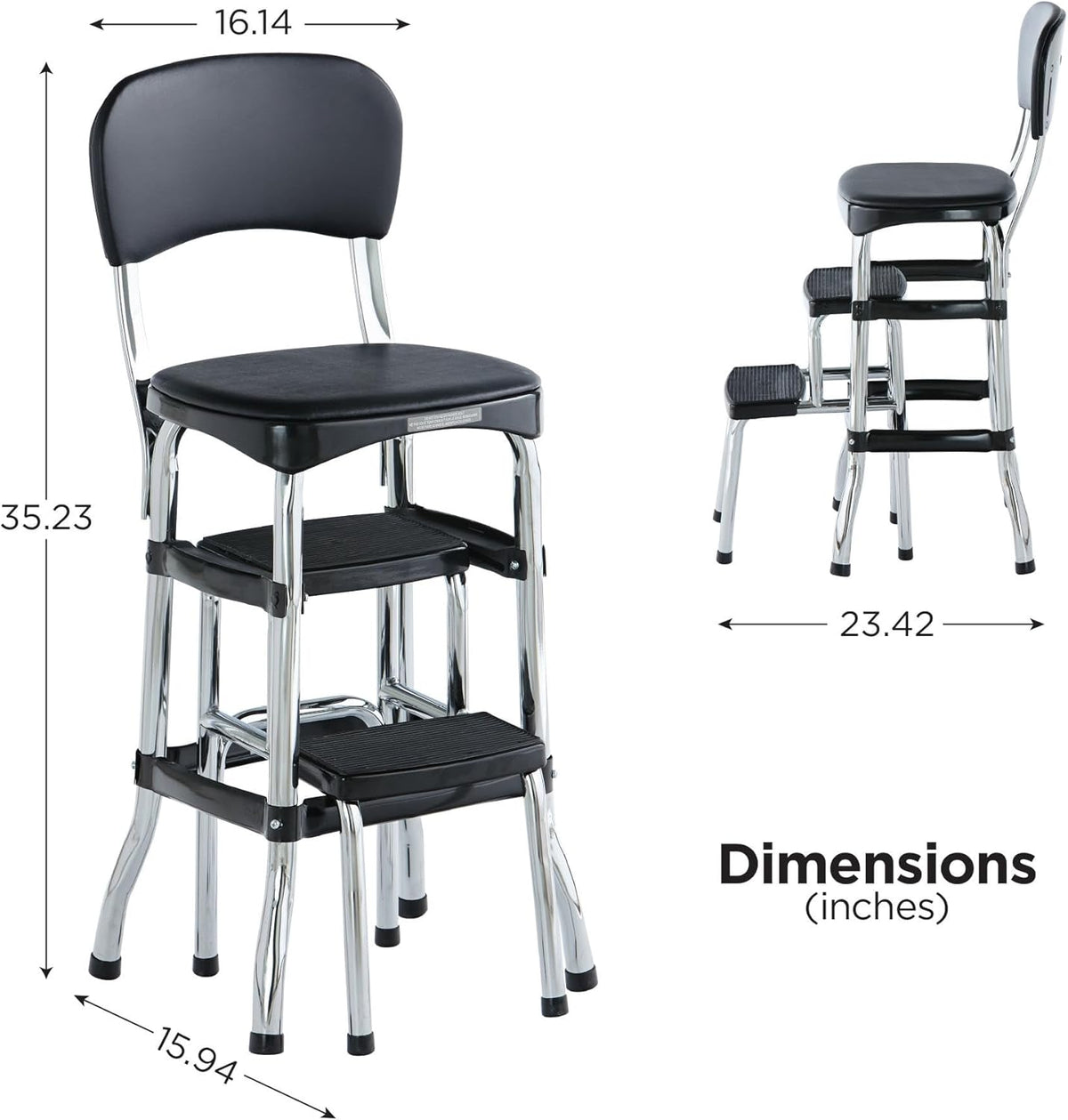 COSCO Retro Plastic & Vinyl Upholstered Stylair Retro Counter Height Chair with Step Stool, Comfortable Cushioned Seat and Back, in Black & Chrome Finish