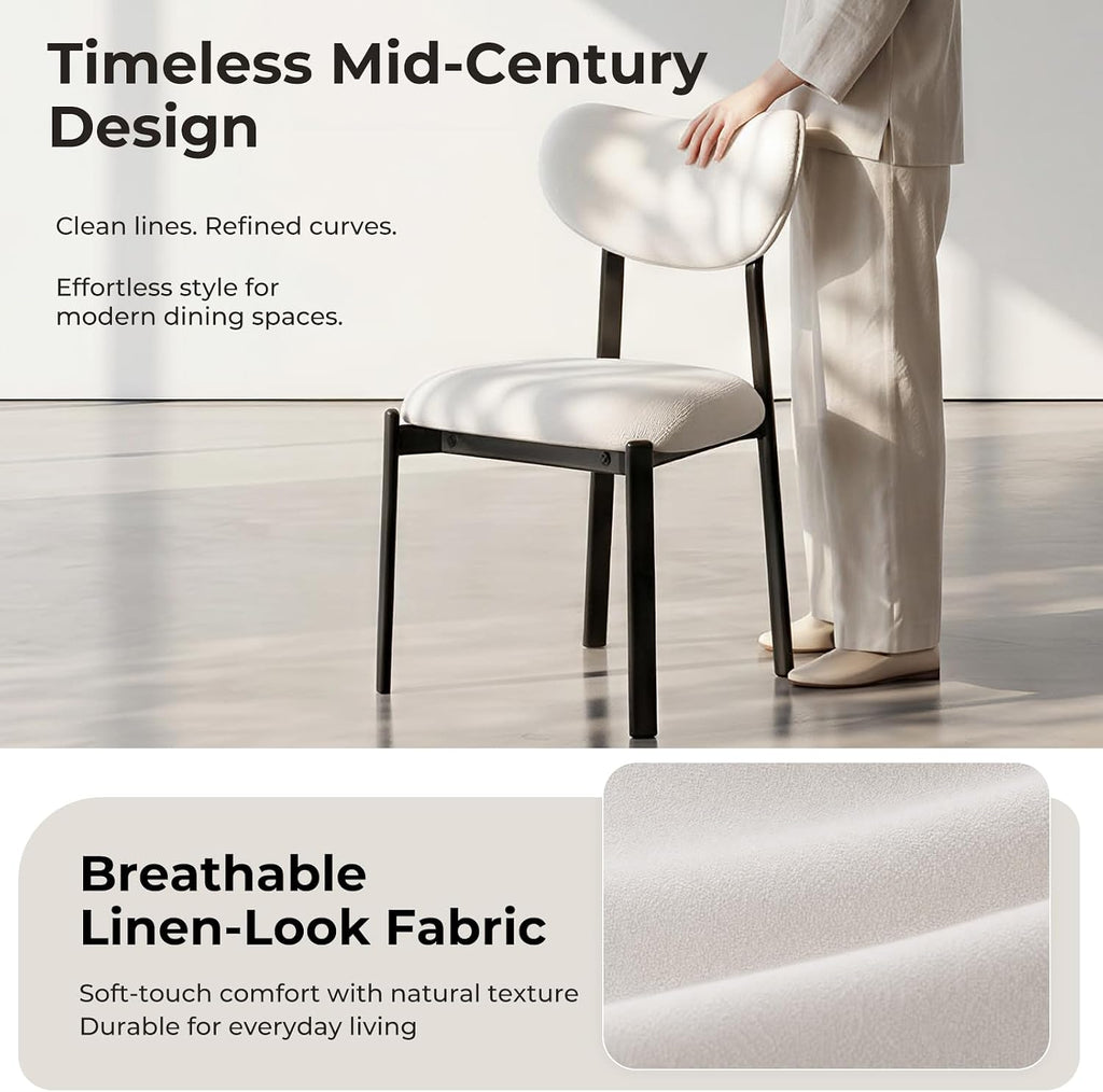 Dining Chairs, Modern Upholstered Fabric Kitchen Chairs | Textured Fabric, Curved Back, Upholstered Seat, Metal Frame, Dining Room, Kitchen, Breakfast Nook, Restaurant, White